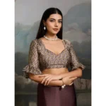 Women's Satin Crepe Printed Saree With Unstitched Blouse 5.5Mtr (Brown) - Image 2