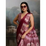 Women's Satin Crepe Printed Saree With Unstitched Blouse 5.5Mtr (Maroon) - Image 3