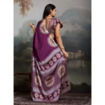Women's Satin Crepe Printed Saree With Unstitched Blouse 5.5Mtr (Purple) - Image 4
