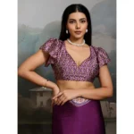 Women's Satin Crepe Printed Saree With Unstitched Blouse 5.5Mtr (Purple) - Image 2