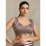 Women's Satin Crepe Printed Saree With Unstitched Blouse 5.5Mtr (Brown) - Image 2