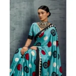 Women's Satin Crepe Printed Saree With Unstitched Blouse 5.5Mtr (Sky Blue) - Image 3
