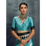 Women's Satin Crepe Printed Saree With Unstitched Blouse 5.5Mtr (Sky Blue) - Image 2