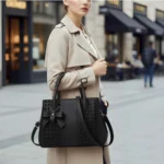 Women's PU Leather Solid Shoulder Zipper Handbag (Black) - Image 2