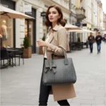 Women's PU Leather Solid Shoulder Zipper Handbag (Grey) - Image 2