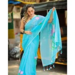 Women's Linen Printed Saree With Unstitched Blouse 5.5Mtr (light Blue) - Image 3