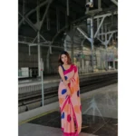 Women's Linen Printed Saree With Unstitched Blouse 5.5Mtr (Orange) - Image 4