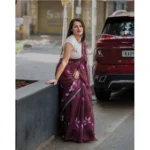 Women's Linen Printed Saree With Unstitched Blouse 5.5Mtr (Brown) - Image 3