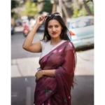 Women's Linen Printed Saree With Unstitched Blouse 5.5Mtr (Brown) - Image 2