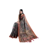 Women's Linen Printed Saree With Unstitched Blouse 5.5Mtr (Green) - Image 2