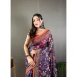 Women's Linen Printed Saree With Unstitched Blouse 5.5Mtr (Blue) - Image 2