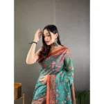 Women's Linen Printed Saree With Unstitched Blouse 5.5Mtr (Olive) - Image 2