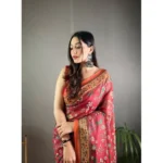 Women's Linen Printed Saree With Unstitched Blouse 5.5Mtr (Red) - Image 2