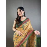 Women's Linen Printed Saree With Unstitched Blouse 5.5Mtr (Yellow) - Image 2