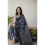 Women's Linen Printed Saree With Unstitched Blouse 5.5Mtr (Grey) - Image 2