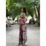 Women's Linen Printed Saree With Unstitched Blouse 5.5Mtr (Red) - Image 3