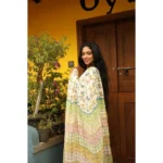 Women's Linen Printed Saree With Unstitched Blouse 5.5Mtr (White) - Image 2