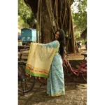 Women's Linen Printed Saree With Unstitched Blouse 5.5Mtr (Blue) - Image 3