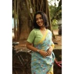 Women's Linen Printed Saree With Unstitched Blouse 5.5Mtr (Blue) - Image 2