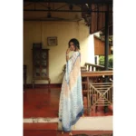 Women's Linen Printed Saree With Unstitched Blouse 5.5Mtr (White) - Image 3