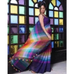 Women's Linen Printed Saree With Unstitched Blouse 5.5Mtr (Navy) - Image 4