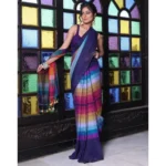 Women's Linen Printed Saree With Unstitched Blouse 5.5Mtr (Navy) - Image 3