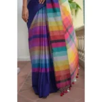 Women's Linen Printed Saree With Unstitched Blouse 5.5Mtr (Navy) - Image 2