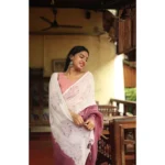 Women's Linen Printed Saree With Unstitched Blouse 5.5Mtr (White) - Image 2