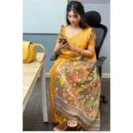 Women's Linen Printed Saree With Unstitched Blouse 5.5Mtr (Mustard) - Image 3