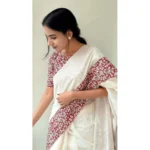 Women's Linen Printed Saree With Unstitched Blouse 5.5Mtr (White) - Image 2