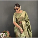 Women's Satin Printed Saree With Unstitched Blouse 5.5Mtr (Green) - Image 2