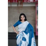 Women's Linen Printed Saree With Unstitched Blouse 5.5Mtr (White) - Image 2