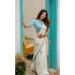 Women's Linen Printed Saree With Unstitched Blouse 5.5Mtr (White) - Image 4
