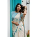 Women's Linen Printed Saree With Unstitched Blouse 5.5Mtr (White) - Image 3