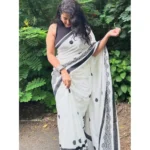 Women's Linen Printed Saree With Unstitched Blouse 5.5Mtr (White) - Image 2
