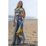 Women's Linen Printed Saree With Unstitched Blouse 5.5Mtr (Blue) - Image 3