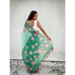 Women's Linen Printed Saree With Unstitched Blouse 5.5Mtr (Green) - Image 4
