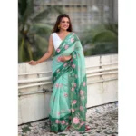 Women's Linen Printed Saree With Unstitched Blouse 5.5Mtr (Green) - Image 3