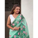 Women's Linen Printed Saree With Unstitched Blouse 5.5Mtr (Green) - Image 2