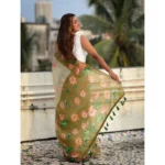 Women's Linen Printed Saree With Unstitched Blouse 5.5Mtr (Mahendi) - Image 4