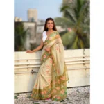 Women's Linen Printed Saree With Unstitched Blouse 5.5Mtr (Mahendi) - Image 3
