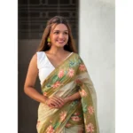 Women's Linen Printed Saree With Unstitched Blouse 5.5Mtr (Mahendi) - Image 2