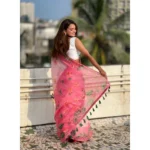 Women's Linen Printed Saree With Unstitched Blouse 5.5Mtr (Pink) - Image 4