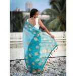 Women's Linen Printed Saree With Unstitched Blouse 5.5Mtr (Aqua) - Image 4
