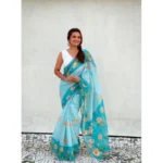 Women's Linen Printed Saree With Unstitched Blouse 5.5Mtr (Aqua) - Image 3