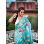 Women's Linen Printed Saree With Unstitched Blouse 5.5Mtr (Aqua) - Image 2