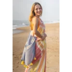 Women's Linen Printed Saree With Unstitched Blouse 5.5Mtr (Yellow) - Image 3