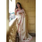 Women's Linen Printed Saree With Unstitched Blouse 5.5Mtr (White) - Image 4