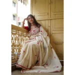 Women's Linen Printed Saree With Unstitched Blouse 5.5Mtr (White) - Image 3