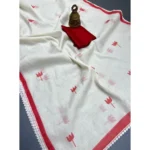 Women's Linen Printed Saree With Unstitched Blouse 5.5Mtr (White) - Image 2